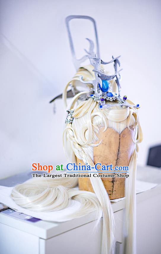 Handmade China Cosplay Taoist Priest White Wigs and Hair Crown Traditional Puppet Show Zuo Wujiu Hairpieces Ancient Swordsman Headdress