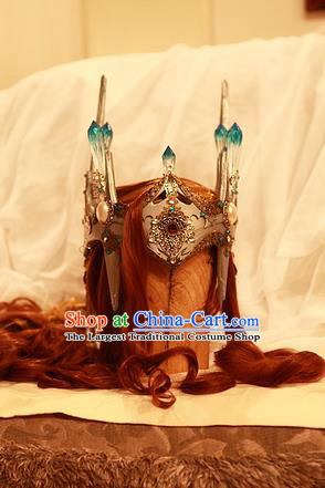 Handmade China Cosplay Demon King Red Wigs and Hair Crown Traditional Puppet Show General Hairpieces Ancient Royal Prince Headdress