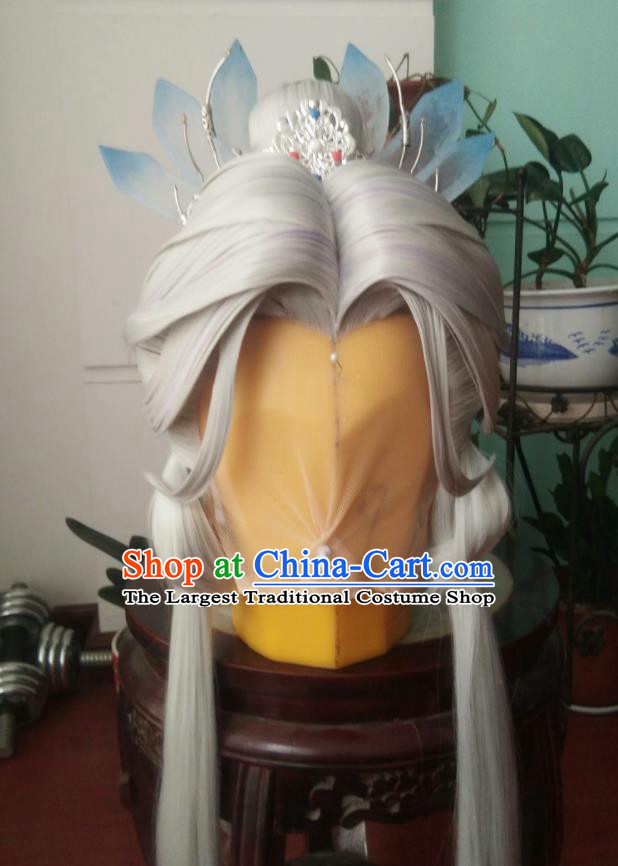 Chinese Traditional Handmade Cosplay Swordsman Gray Wigs Hairpieces Ancient Taoist Priest Periwig Hair Accessories Puppet Show Ren Piaomiao Headdress