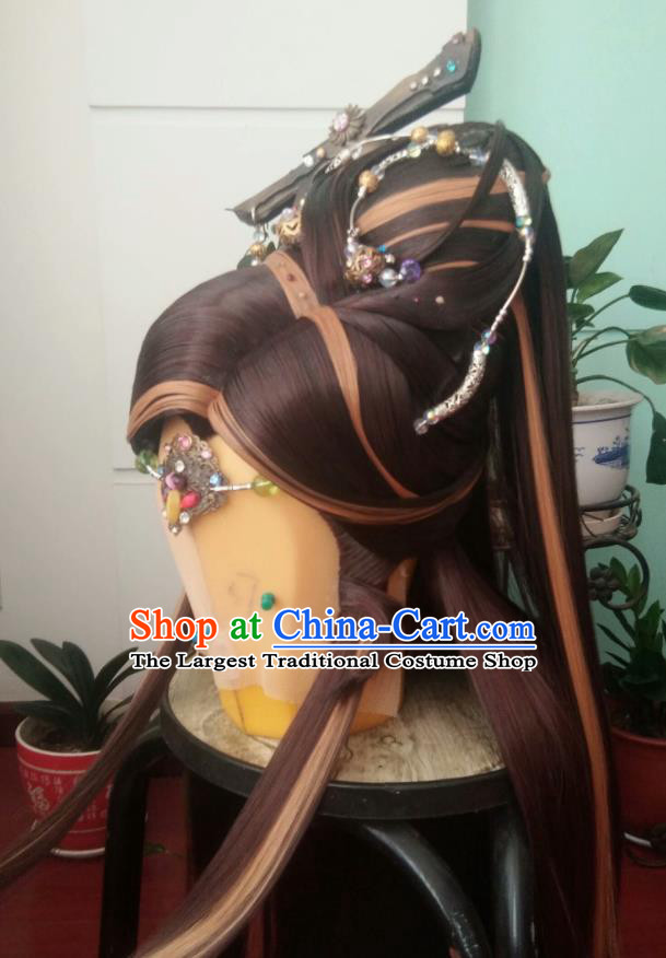 Chinese Puppet Show Young Childe Headdress Traditional Handmade Cosplay Swordsman Brown Wigs Hairpieces Ancient Royal Prince Periwig Hair Accessories