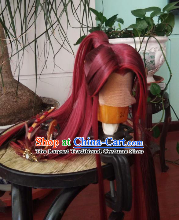 Chinese Traditional Cosplay Prince Red Wigs Hairpieces Ancient Swordsman Periwig Hair Accessories Handmade Puppet Show Young Warrior Headdress