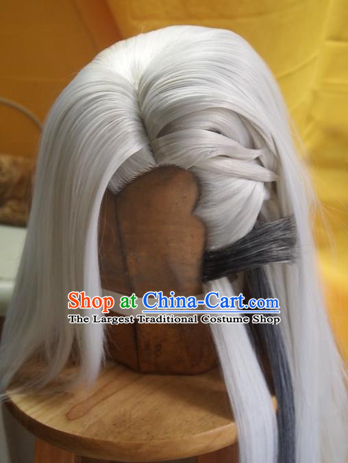 Chinese Handmade Cosplay Swordsman Headdress Traditional Puppet Show Gray Wigs Hairpieces Ancient Taoist Priest Periwig Hair Accessories