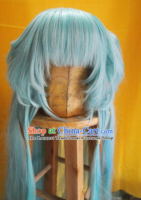 China Ancient Young Lady Blue Wigs Headdress Traditional Puppet Show Yue Sheng Hair Accessories Cosplay Maidservant Hairpieces