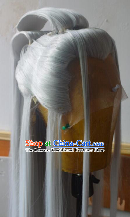 Chinese Handmade Cosplay Immortal Headdress Traditional Puppet Show Yue Tianji Gray Wigs Hairpieces Ancient Taoist Priest Periwig Hair Accessories