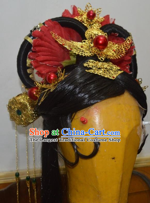 China Ancient Imperial Consort Black Wigs Headdress Traditional Puppet Show Queen Hair Accessories Cosplay Flowers Goddess Hairpieces
