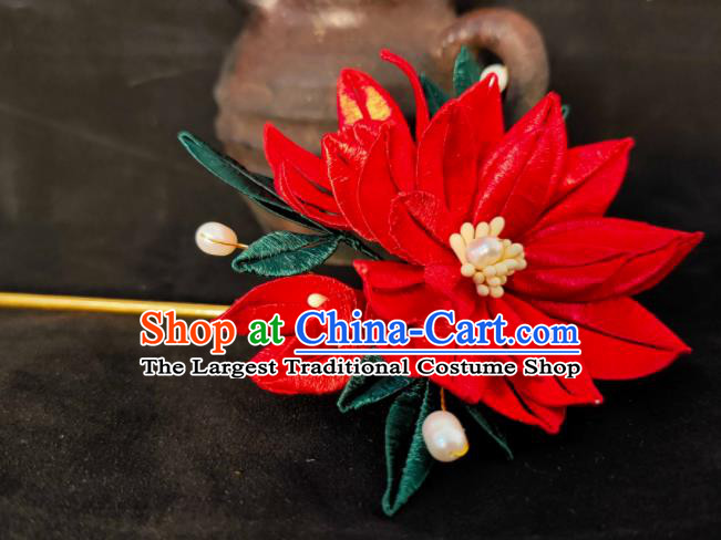 China Ancient Imperial Consort Red Flower Hairpin Traditional Hanfu Hair Accessories Cosplay Princess Hair Stick