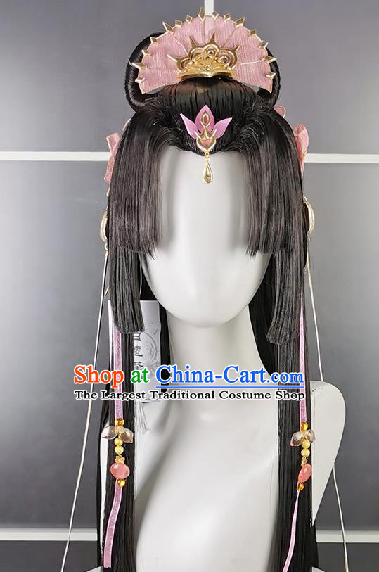 China Cosplay Fairy Princess Wigs and Hair Crown Headwear Ancient Young Beauty Hairpieces Traditional Game Role Swordswoman Hair Accessories