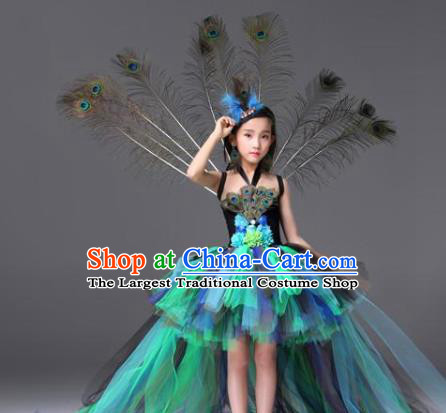 Custom Girl Blue Veil Trailing Dress Compere Garment Costumes Children Stage Show Fashion Catwalks Clothing
