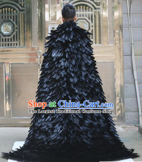 Custom Catwalks Fashion Performance Mantle Halloween Stage Show Clothing Cosplay Angel Black Feathers Cloak