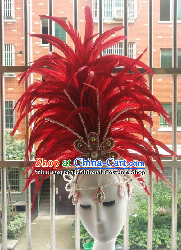 Handmade Rio Carnival Red Feather Hat Catwalks Beads Headwear Stage Performance Giant Hair Crown Samba Dance Hair Accessories