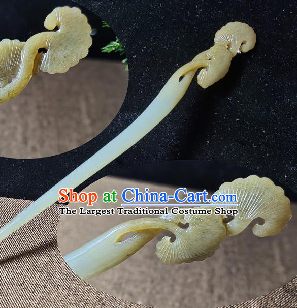 China Classical Headwear Handmade Jade Carving Ginkgo Leaf Hairpin Traditional Hair Accessories Cheongsam Hair Stick