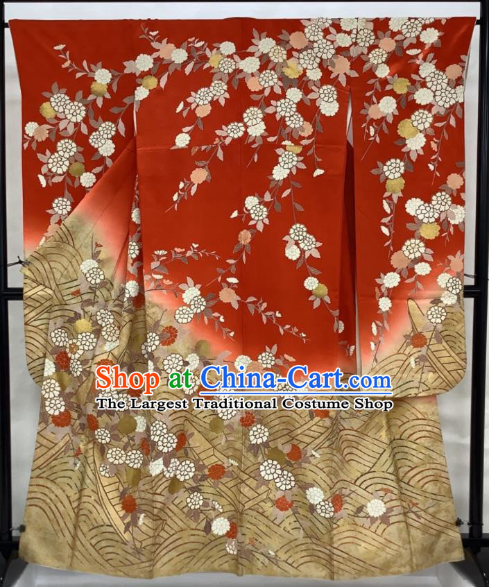 Japanese Traditional Wedding Bride Clothing Classical Sakura Pattern Furisode Kimono Costume Court Woman Red Yukata Dress