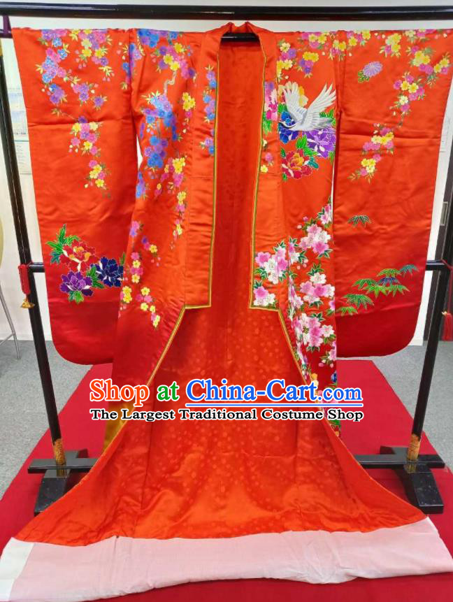 Japanese Traditional Court Bride Clothing Classical Cranes Flowers Pattern Uchikake Kimono Costume Geisha Performance Red Silk Yukata Dress