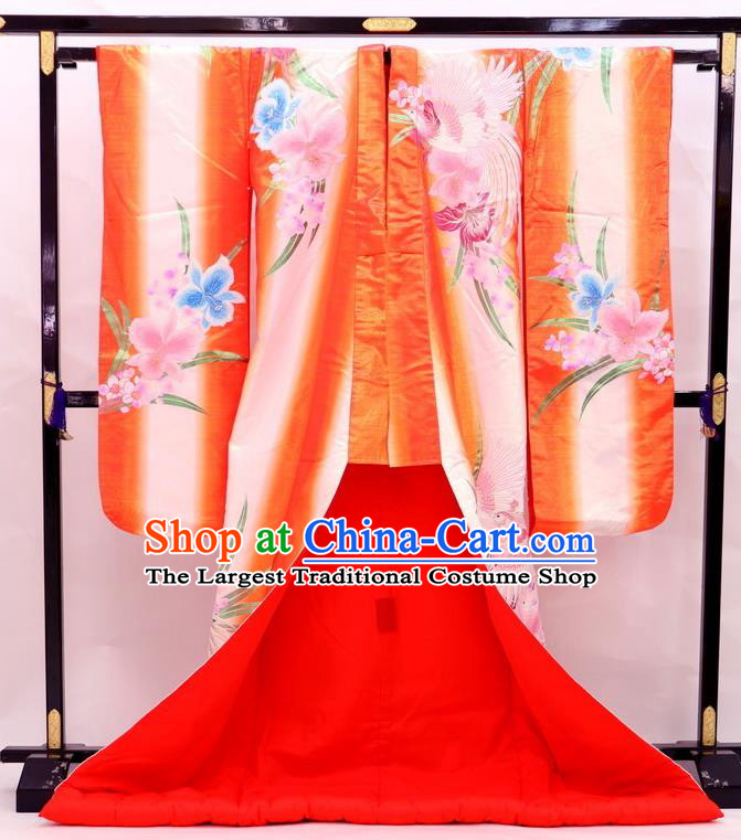 Japanese Geisha Courtesan Orange Silk Yukata Dress Traditional Court Bride Clothing Classical Phoenix Pattern Uchikake Kimono Costume