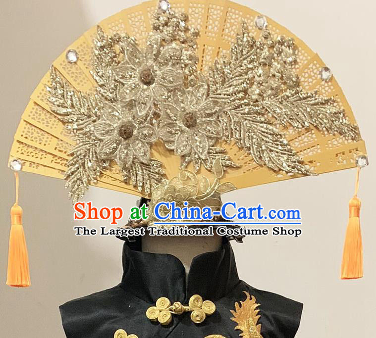 Chinese Children Folk Dance Golden Lace Fan Hair Crown Children Catwalk Hair Accessories Stage Show Headpieces