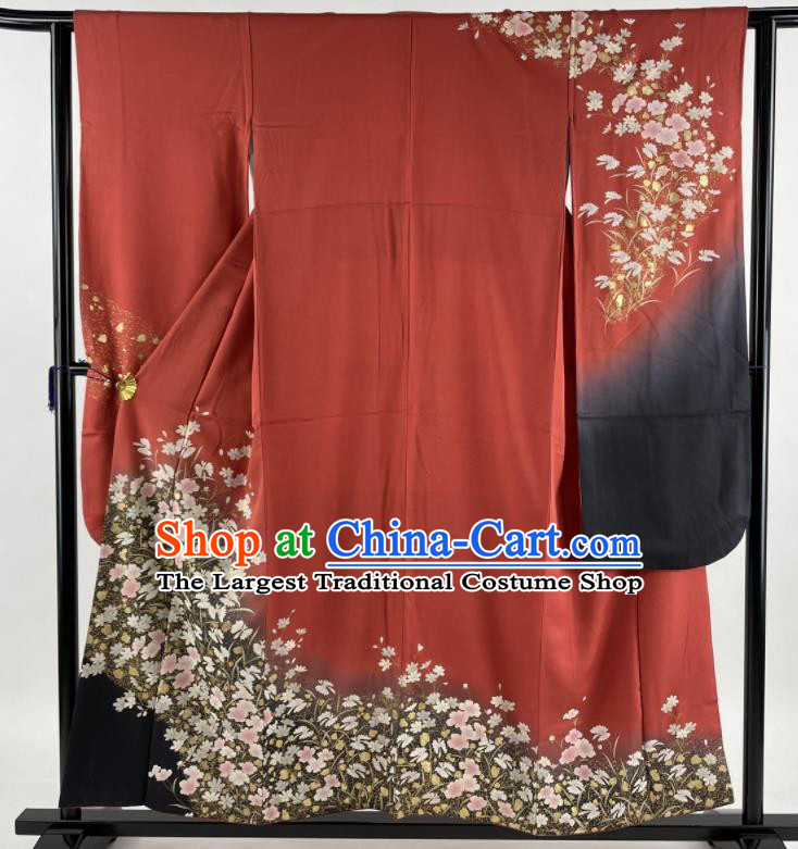 Japanese Court Woman Red Silk Yukata Dress Traditional Festival Clothing Classical Flowers Butterfly Pattern Furisode Kimono Costume