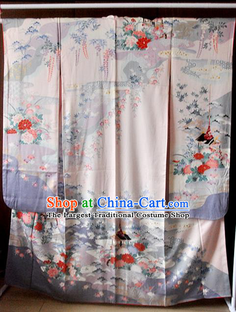 Japanese Young Woman Pink Silk Yukata Dress Traditional Wedding Bride Clothing Classical Flowers Pattern Furisode Kimono Costume