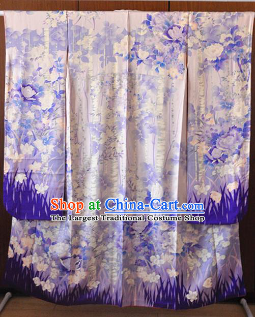 Japanese Classical Orchids Peony Pattern Furisode Kimono Costume Court Empress Purple Silk Yukata Dress Traditional Wedding Bride Clothing