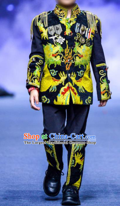 Top Children Performance Western Clothing Catwalks Embroidered Dragon Fashion Boys Stage Show Black Suits Baby Compere Garment Costumes