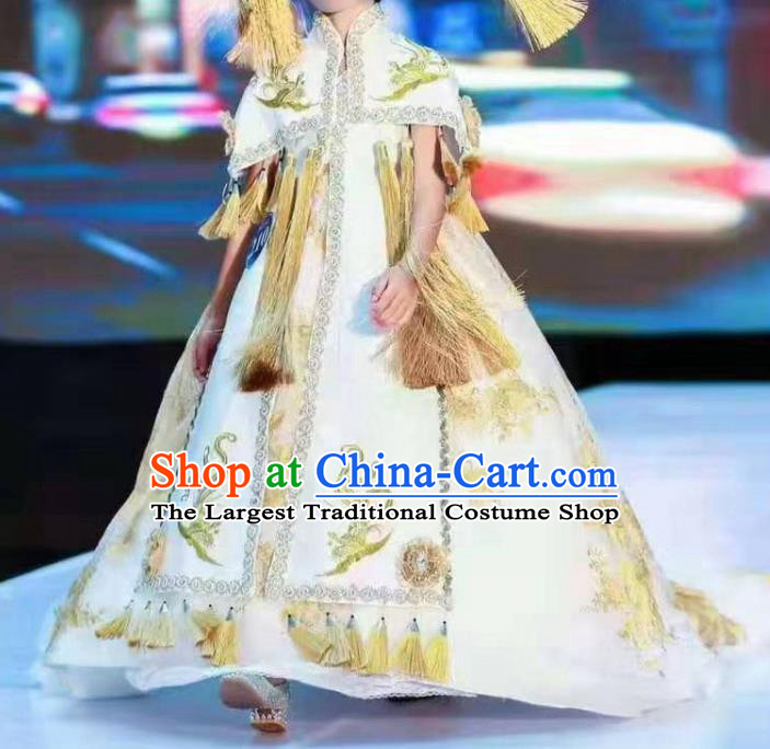 Chinese Children Model Attire Stage Performance Fashion Clothing Girl Catwalk Show Beige Trailing Dress Ancient Empress Garment Costume