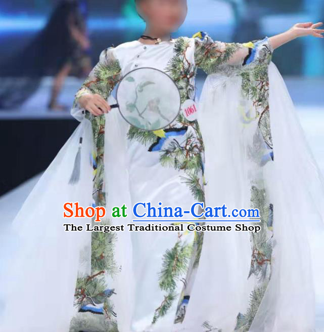 Chinese Baby Performance Garment Costume Children Model Attire Stage Performance Fashion Clothing Girl Catwalk Show White Qipao Dress