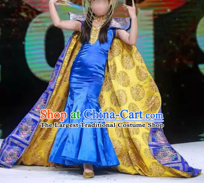 Chinese Stage Performance Fashion Clothing Girl Catwalk Show Royalblue Qipao Dress Piano Recital Garment Costume Children Model Cheongsam Attire