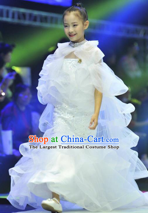 Custom Children Princess Fashion Modern Dance Clothing Girl Catwalks Garment Costume Stage Show White Fishtail Full Dress