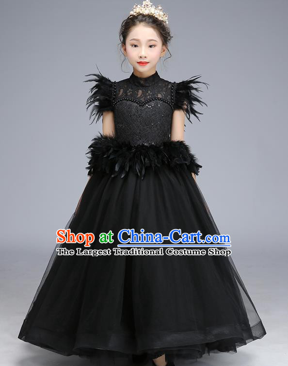 Custom Modern Dance Clothing Girl Catwalks Garment Costume Stage Show Black Feather Lace Full Dress Baroque Princess Fashion