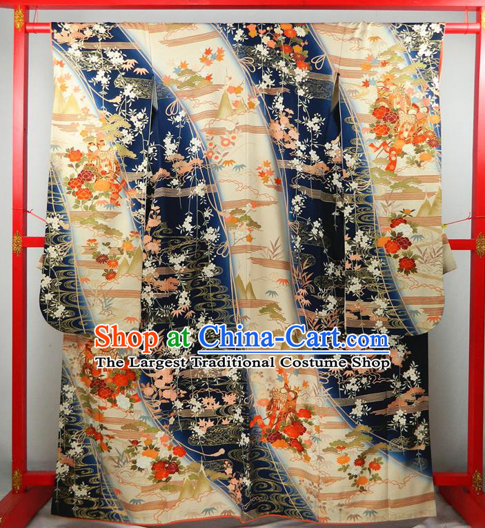 Japanese Summer Festival Garment Costume Classical Flowers Fan Pattern Yukata Dress Traditional Furisode Kimono Clothing