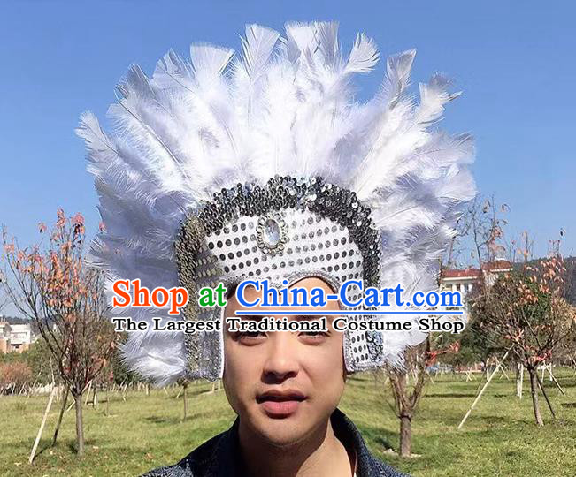 Professional Stage Show Hair Accessories Cosplay Warrior White Feather Hat Samba Dance Headdress Halloween Apache Tribal Chief Headwear