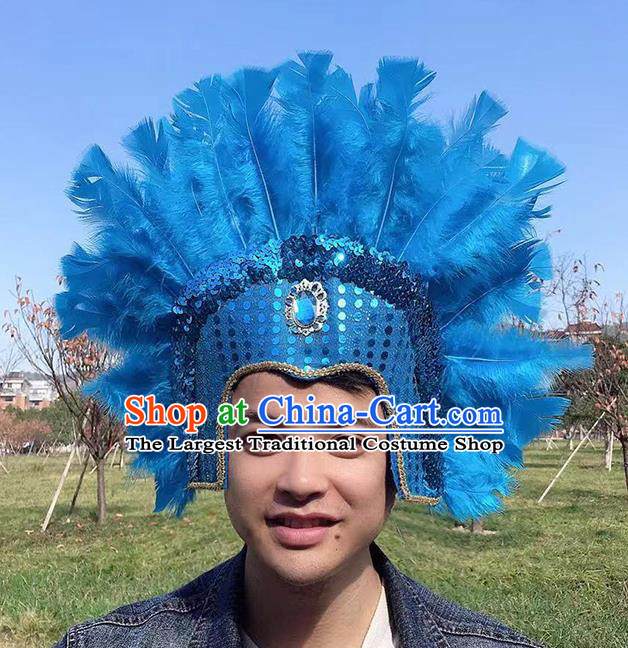 Professional Apache Tribal Chief Headwear Stage Show Headdress Halloween Cosplay Wild Man Blue Feather Hat Samba Dance Hair Accessories