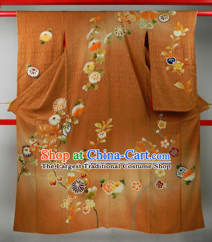 Japanese Classical Chrysanthemum Pattern Furisode Kimono Clothing Traditional Wedding Garment Costume Bride Orange Silk Yukata Dress