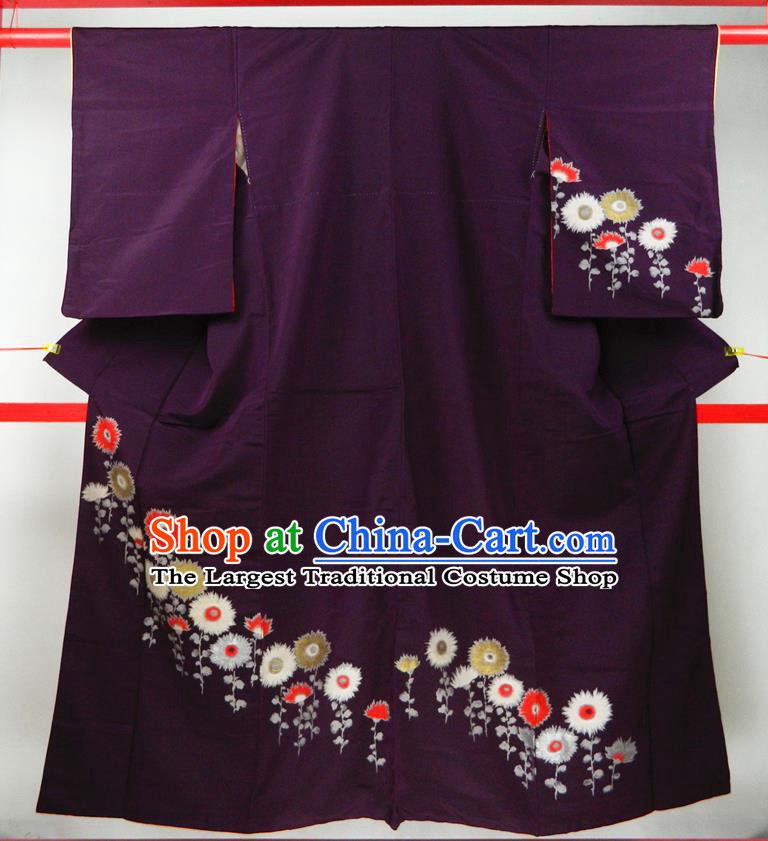 Japanese Traditional Festival Garment Costume Married Woman Purple Yukata Dress Classical Chrysanthemum Pattern Tsukesage Kimono Clothing