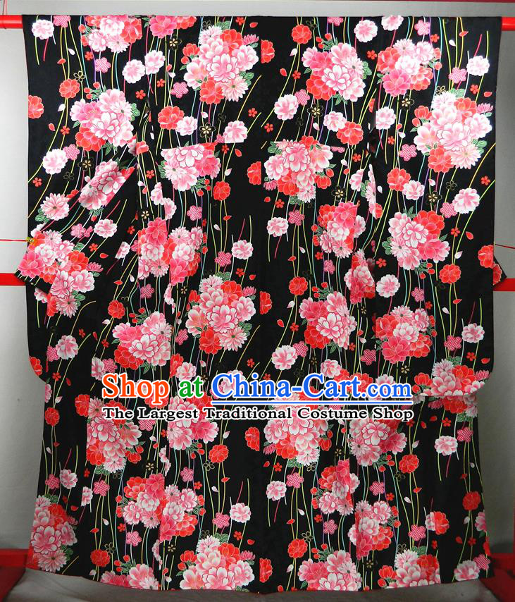 Japanese Classical Peony Flowers Pattern Black Yukata Dress Traditional Wedding Furisode Kimono Clothing Court Empress Garment Costume