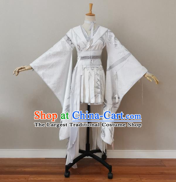 China Traditional JX Online Female Swordsman Clothing Cosplay Fairy Garment Costumes Ancient Goddess White Short Dress Outfits