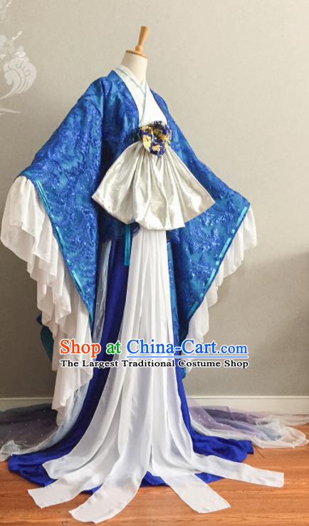 China Ancient Young Beauty Blue Dress Outfits Traditional Empress Clothing Cosplay Queen Garment Costumes