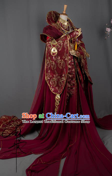 China Ancient Goddess Wine Red Dress Outfits Traditional Puppet Show Empress Hanfu Clothing Cosplay Swordswoman Queen Garment Costumes