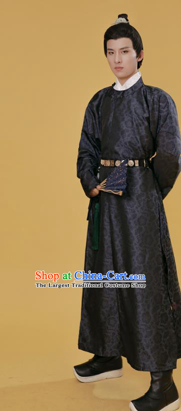 China Traditional Hanfu Black Round Collar Robe Song Dynasty Scholar Historical Clothing Ancient Young Childe Garment Costume