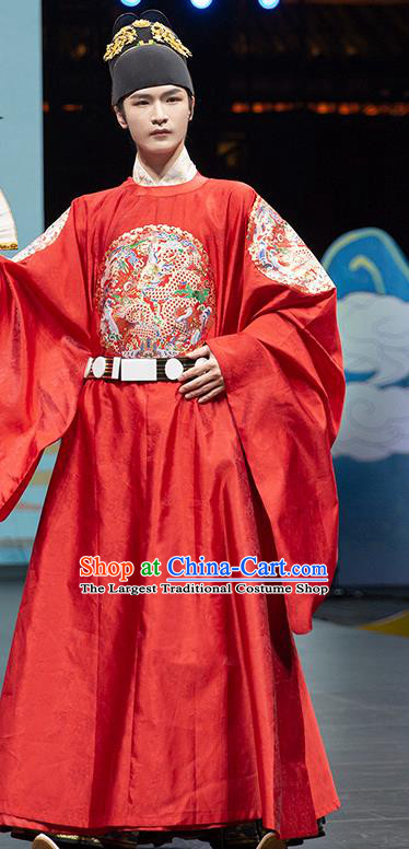 China Ming Dynasty Emperor Historical Clothing Ancient Royal King Garment Costume Traditional Embroidered Red Hanfu Robe