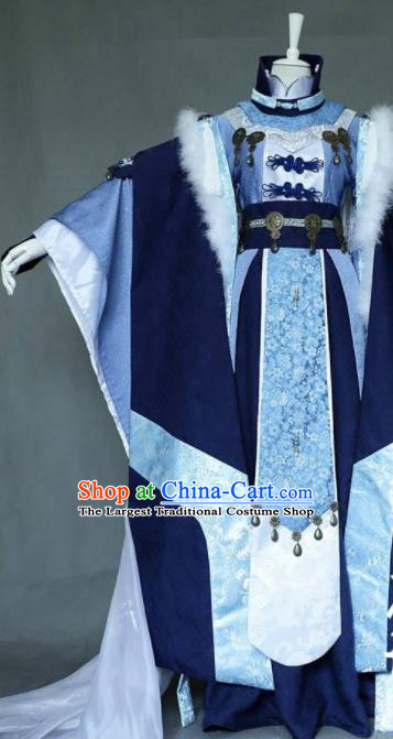 Chinese Traditional Puppet Show Swordsman Garment Costumes Cosplay Knight King Clothing Ancient Emperor Blue Uniforms