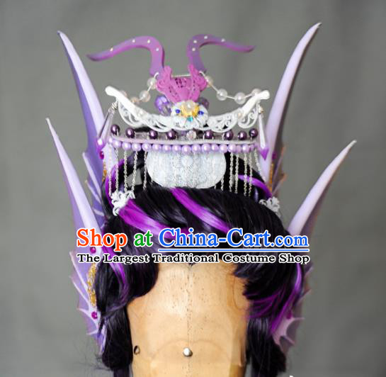 Chinese Handmade Ancient Swordsman Headdress Cosplay Dragon King Purple Wigs and Hair Crown Traditional Puppet Show Beiming Fengyu Hairpieces