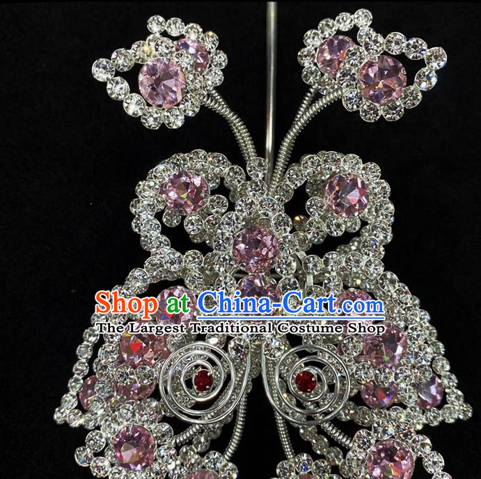 Chinese Traditional Opera Diva Pink Butterfly Hairpin Beijing Opera Hua Tan Hair Accessories Peking Opera Princess Crystal Hair Crown