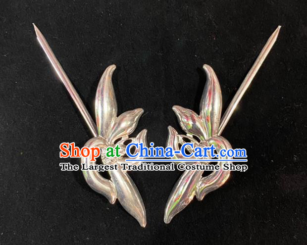 Chinese Traditional Opera Actress Argent Orchids Hairpin Beijing Opera Diva Hair Accessories Peking Opera Noble Lady Hair Stick