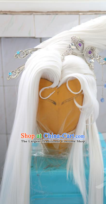 Chinese Cosplay Goddess White Wigs Headdress Traditional Puppet Show Ji Wuxia Hairpins Hairpieces Ancient Taoist Nun Hair Accessories