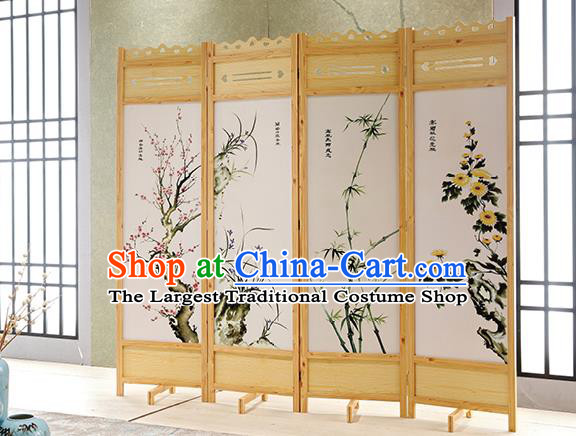 Chinese Handmade Flowers Birds Folding Screen Ink Painting Screens Home Ornaments Wood Carving Craft
