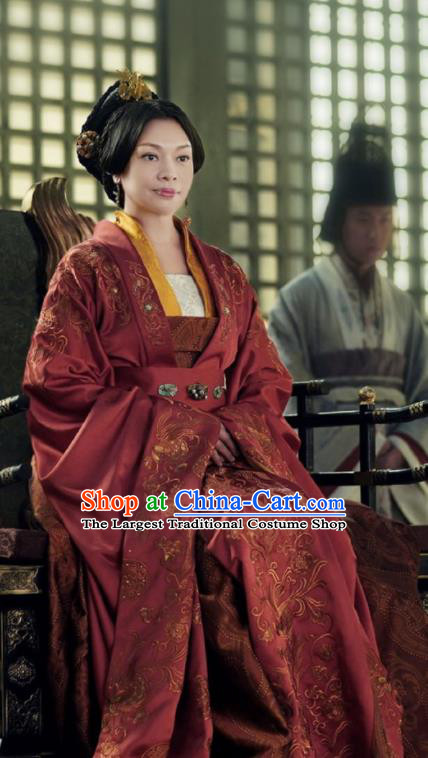 China Ancient Royal Queen Wine Red Dress Garment The Rebel Princess Replica Costumes Southern and Northern Dynasties Empress Clothing and Headwear