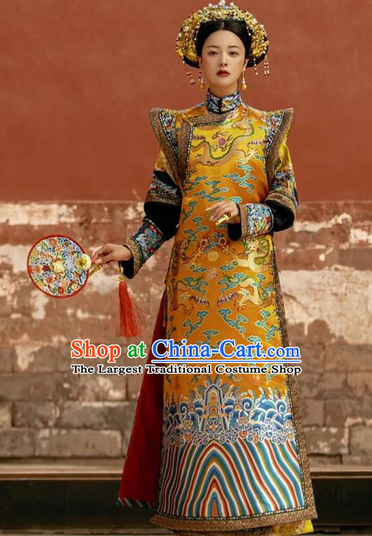 China Qing Dynasty Manchu Queen Garment Costumes Ancient Imperial Empress Golden Dress Clothing and Hair Accessories