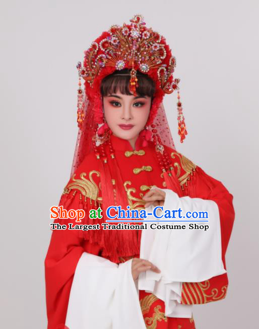 Chinese Ancient Bride Wedding Clothing Peking Opera Hua Tan Garment Costumes Traditional Shaoxing Opera Empress Red Dress and Headpieces