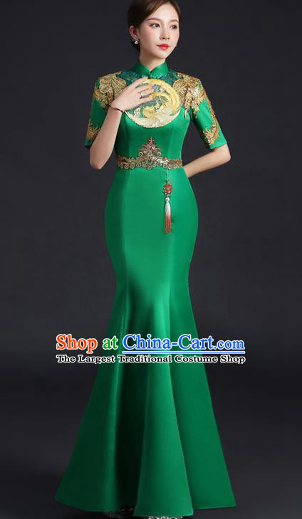 Chinese Traditional Green Qipao Modern Cheongsam Embroidered Phoenix Qipao Dress New Year Middle Sleeve Full Dress