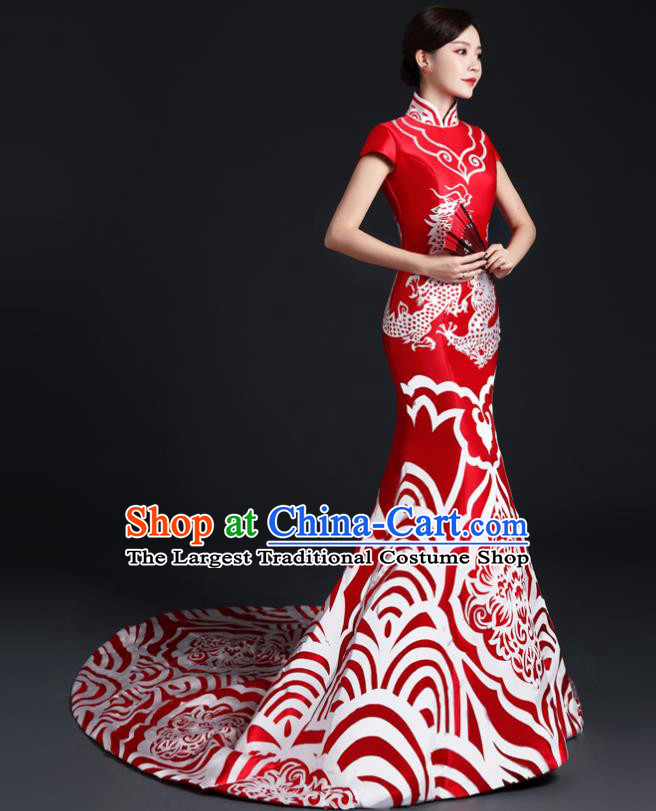 Chinese Traditional Trailing Dress Compere Full Dress Classical Qipao Clothing Wedding Red Cheongsam